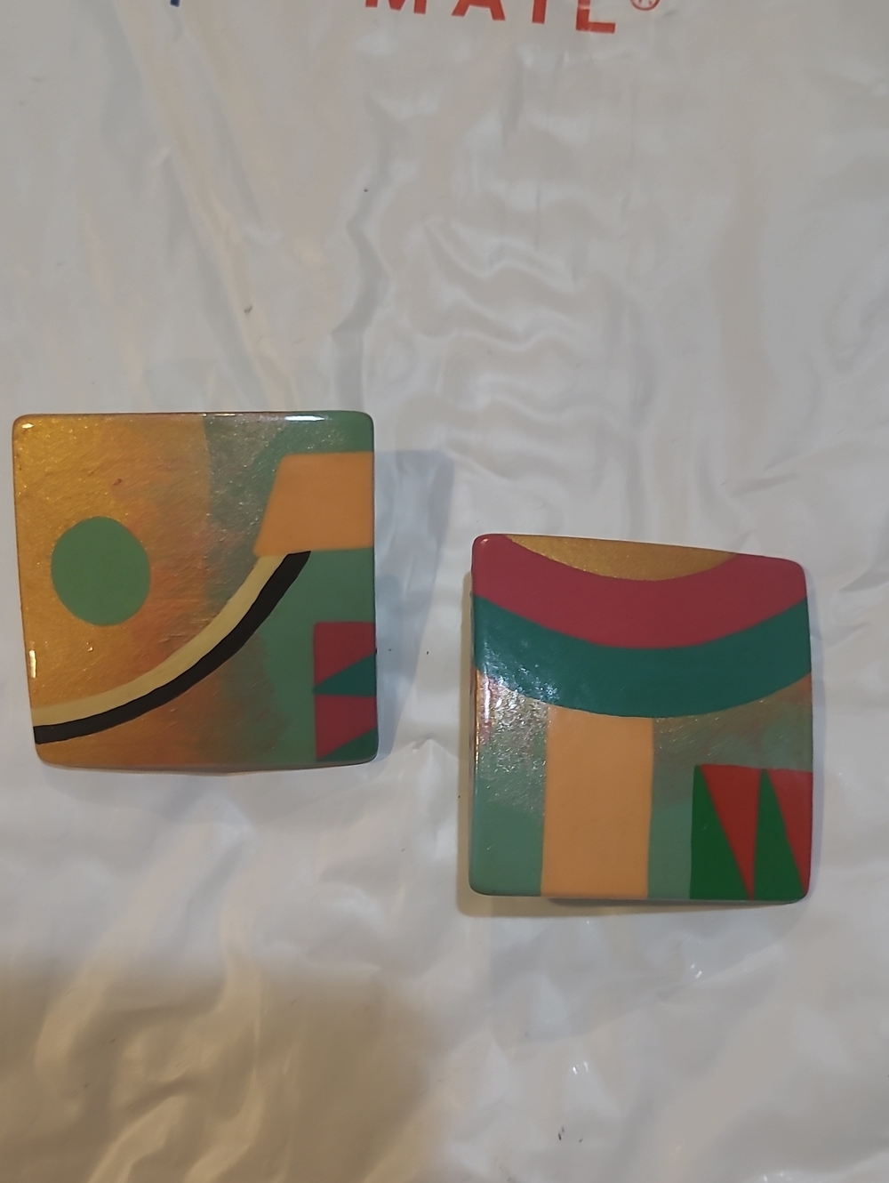 Pair of Abstract Geometric Painted Wood Vintage Earrings- Green, Gold & Red